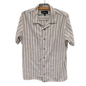 Threadbare Men's Textured Striped Short Sleeve Button Up Camp Shirt Brown- L